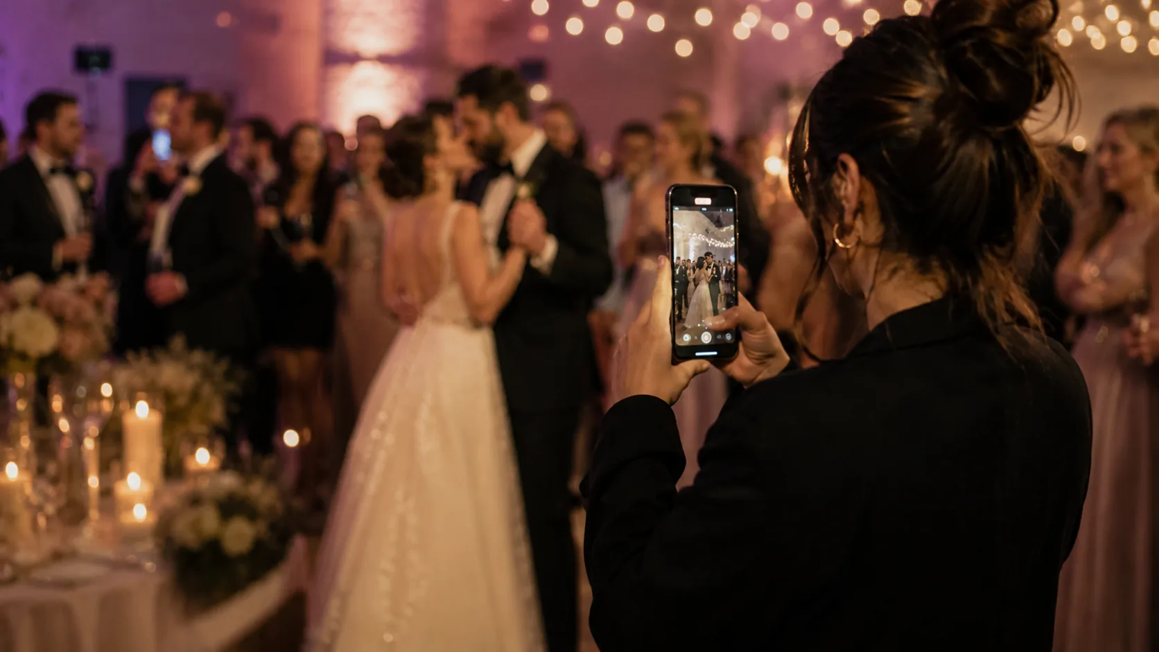 Content creator che riprende il primo ballo con smartphone