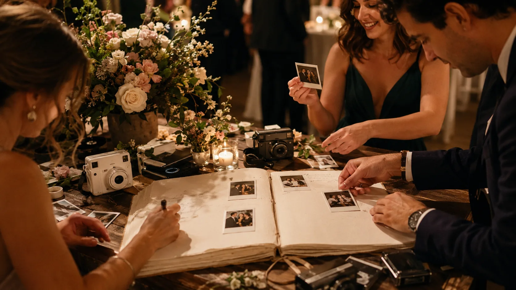 Postazione polaroid con album di firme rilegato a mano