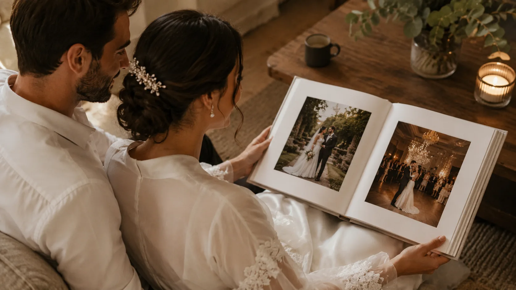 Sposi che sfogliano un album fine art rilegato a mano